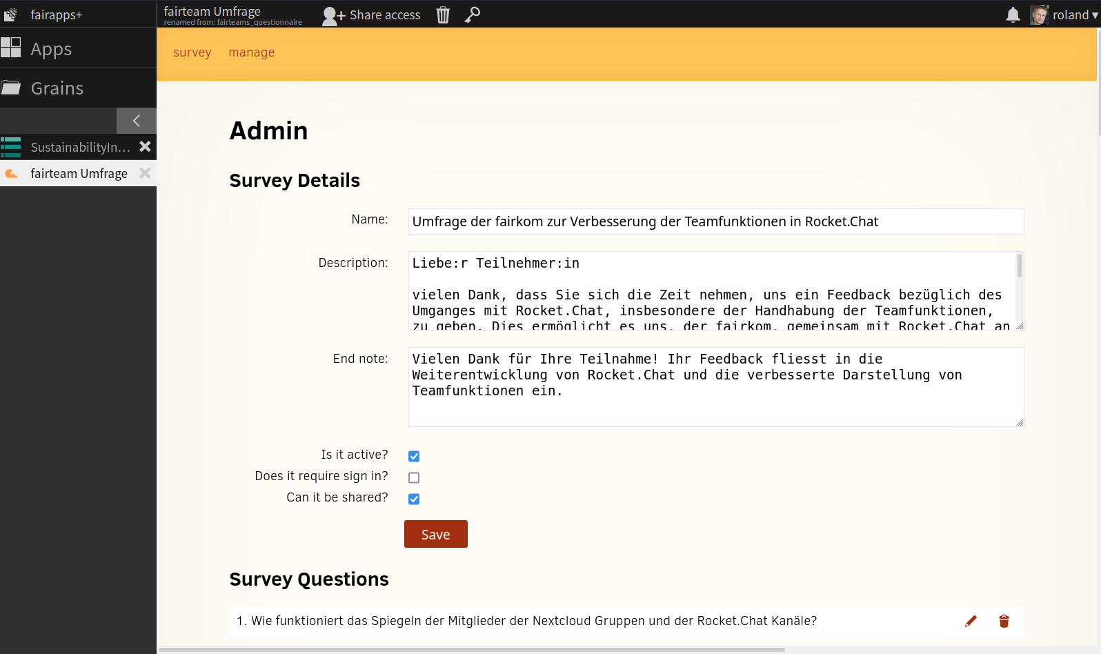 QuickSurvey Admin Screenshot