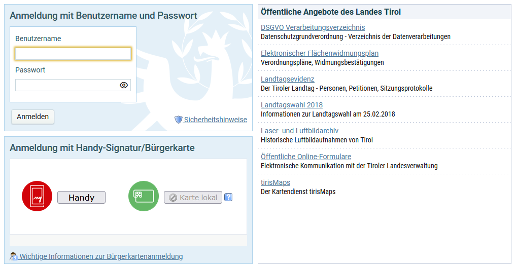 Login über das Portal des Landes Tirol