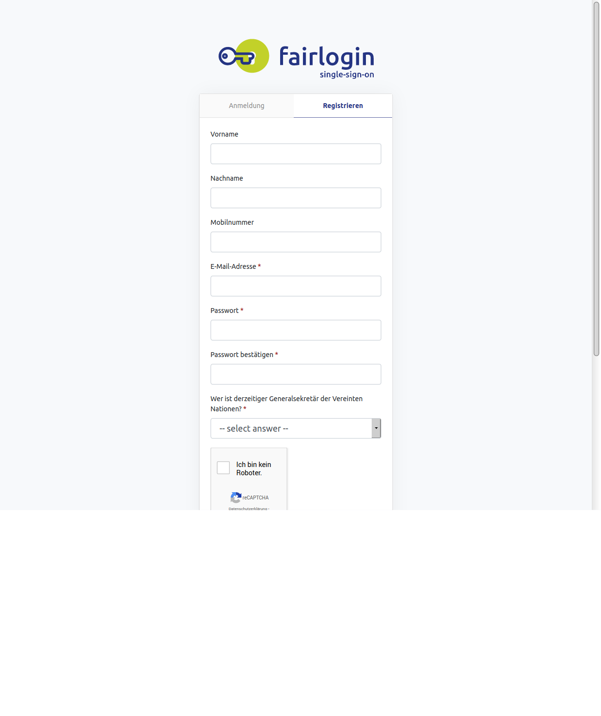 fairlogin Registrierung