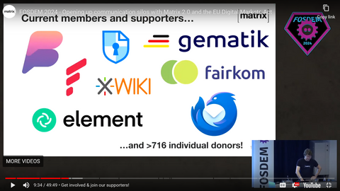 Matthew Hodgson talking on matrix and showing the sponsors